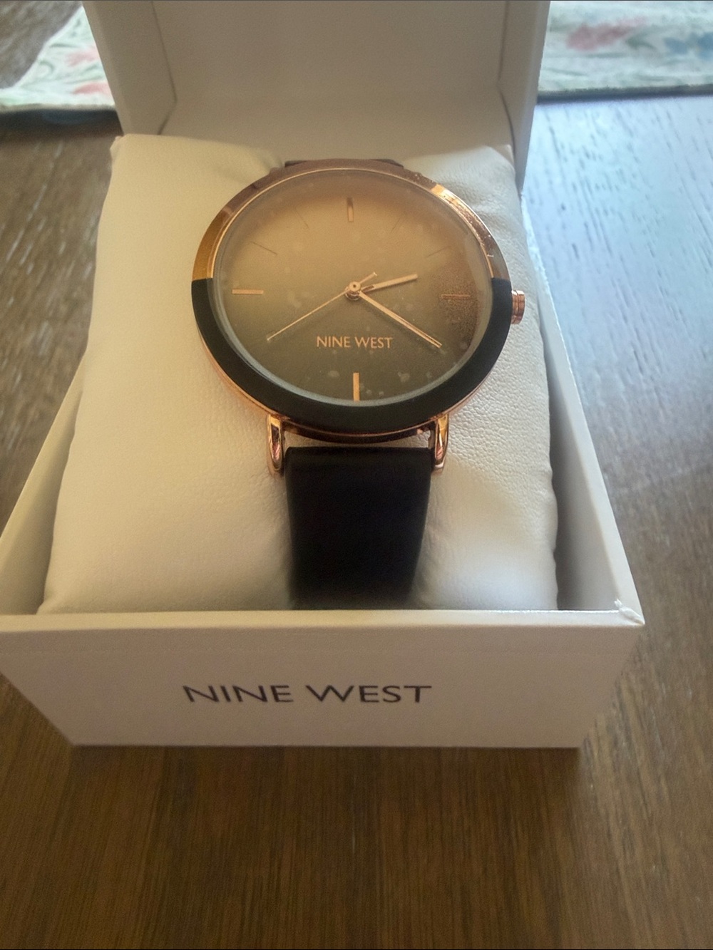 Nine West Men's Black Strap Watch with Rose Gold Case